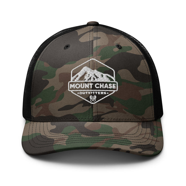"Mount Chase Outfitters" Camouflage trucker hat z white logo