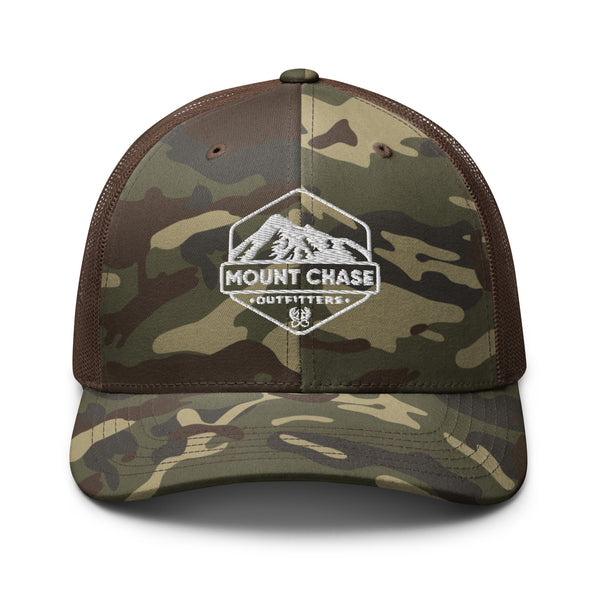 "Mount Chase Outfitters" Camouflage trucker hat z white logo