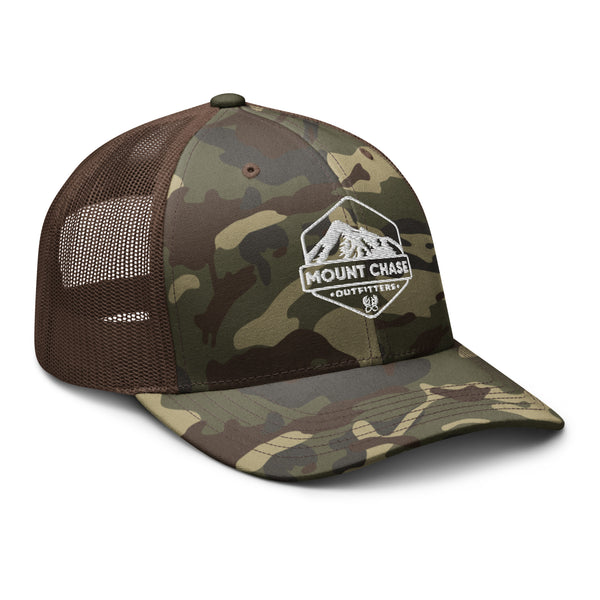 "Mount Chase Outfitters" Camouflage trucker hat z white logo