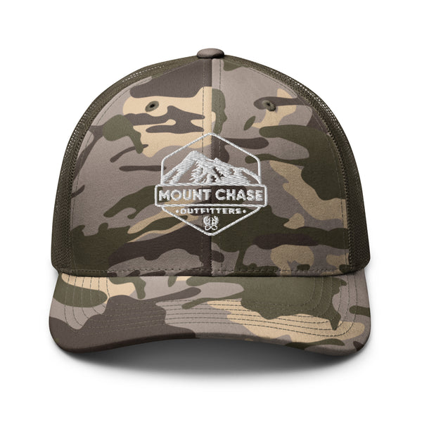 "Mount Chase Outfitters" Camouflage trucker hat z white logo