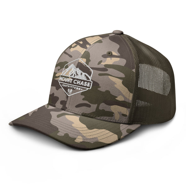 "Mount Chase Outfitters" Camouflage trucker hat z white logo