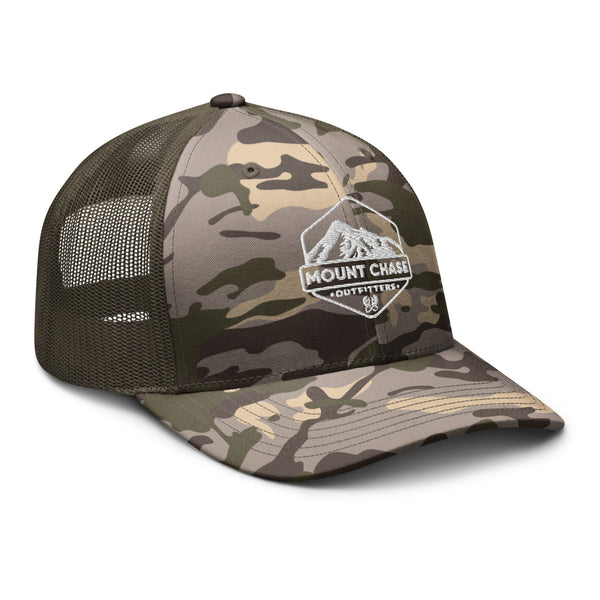 "Mount Chase Outfitters" Camouflage trucker hat z white logo